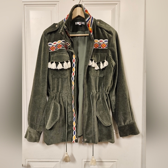 Anthro Aztec South Western Embroidered Tassel Olive Velvet Parka Jacket size M - Picture 11 of 16